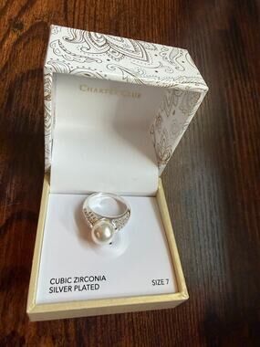 Charter Club Fine Silver Plate Pavé & Imitation Pearl Ring